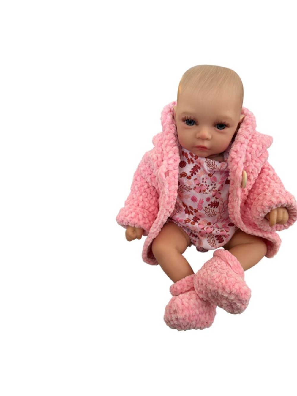 Handmade Pink Chenille Newborn Baby Hoodie & Booties Set Bear Ears Soft Plush - Picture 11 of 16